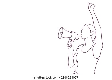 Female activist shouting on a megaphone. woman with raised hand shouting. hand drawn style vector illustration