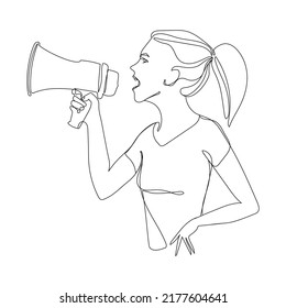 Female activist shouting on a megaphone,vector line art illustration.Young woman shouting through loudspeaker while being on protest.Women's rights concept.Minimalist art