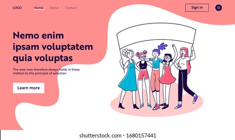 Female activists holding protest banner together. Woman gathering for solidarity demonstration, fighting for equal rights. Vector illustration for movement, feminism, activism, empowerment concept