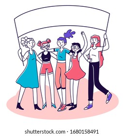 Female activists holding protest banner together. Woman gathering for solidarity demonstration, fighting for equal rights. Vector illustration for movement, feminism, activism, empowerment concept