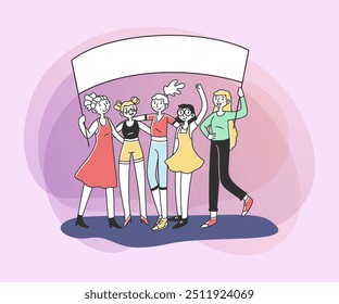 Ativistas segurando cartaz do protesto juntas. Encontro de mulheres para manifestação de solidariedade, lutando por direitos iguais. Ilustração vetorial para movimento, feminismo, ativismo, conceito de empoderamento