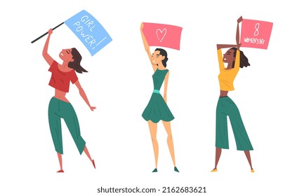 Female activists protesting with flag and placards set. Woman protesters statementing of their rights cartoon vector illustration