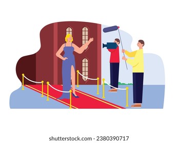 Una actriz entrevistada por una reportera, con un vestido azul de lujo en una ceremonia de celebridades. Carácter de diseño. Ilustración plana del vector