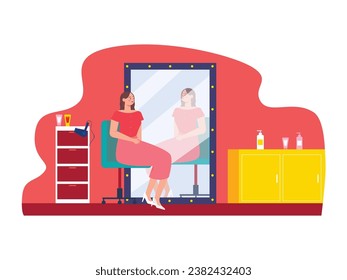 Female actress wearing a red dress sitting in a mirror, in a wardrobe and make up room. Design character. Vector flat illustration