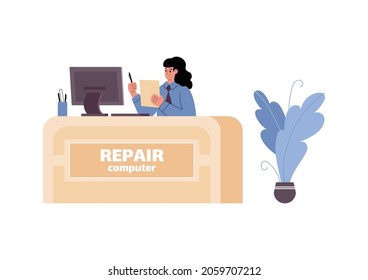 Female administrator on reception desk at computer repair service. Woman receptionist take orders for repairing hardware by professional technicians. Flat vector illustration.