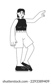 Female adventure traveler pointing with finger monochromatic flat vector character. Editable thin line full body person on white. Simple bw cartoon spot image for web graphic design, animation