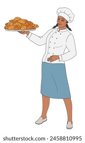 female African American character baker in uniform holding a plate with fresh croissants