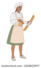 female African American character baker in uniform holding paper bag with fresh croissants and baguette bread 