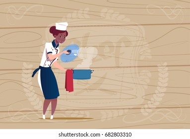 Female African American Chef Cook Holding Pot Cartoon Chief In Restaurant Uniform Over Wooden Textured Background Flat Vector Illustration