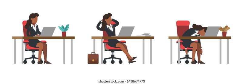 Female african american manager in office suit sitting at desk typing at laptop, relaxing after work in crossed legs pose, lying down at table as result of overwork. Flat modern vector illustration.