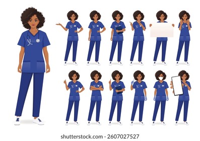 Female African American nurse character standing in different poses. Isolated vector illustration set