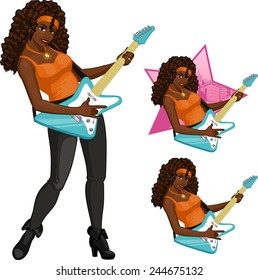 Female African American rock musician playing electric guitar vector illustration in cartoon style