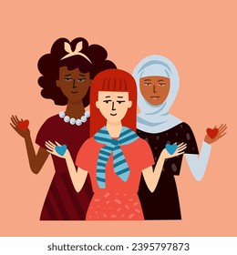 Female African, Arabic, European faces. Poster ore banner on the topic of tolerance to people of different nationalities. Stop racism. Four skin colors.