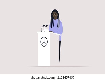 A female African character standing on stage with a peace sign on a podium, a pacifist conference