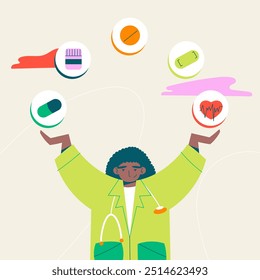 Female African doctor. Medical worker in a hospital. Therapist, surgeon.Colorful vector flat illustration