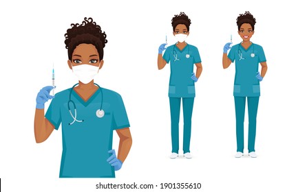 Female african nurse character wearing protective medical mask and gloves holding syringe in hand isolated vector illustartion