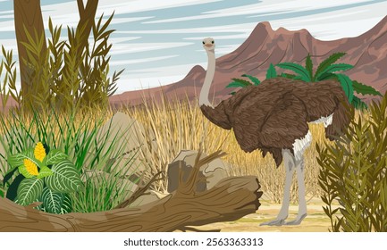 A female African ostrich walks along the savannah with dry grass at the foot of a mountain range. Wildlife of Africa. Realistic vector landscape.