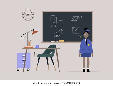 A female African pupil stands next to a  blackboard with hand-drawn figures, Geometry class