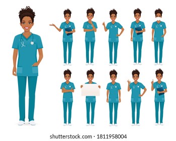 Female african woman nurse character set in different poses isolated vector illustartion
