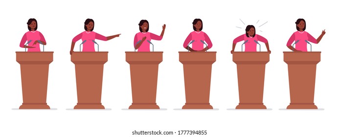 A Female African-american Politician Has A Speech On The Tribune. Different Emotions Of A Political Candidate. Public Speaking Concept. Vector Character In Cartoon Style.