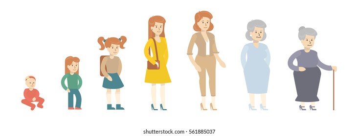 Female age evolution on white background. From kid to grandmother. All stages of maturity.