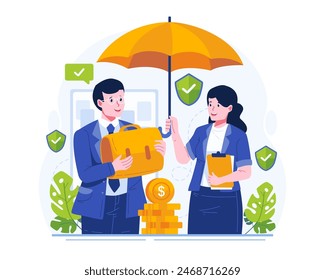 A Female Agent Holding an Umbrella Protecting a Businessman Who Holds a Briefcase. Insurance to Protect Health, Ensure Work Safety, and Safeguard Business