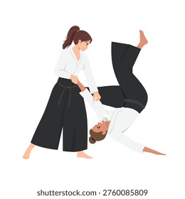 Female aikido practitioners demonstrating throw technique. Flat vector illustration isolated on white background
