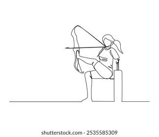 Female aiming arrow with her feet. continuous line drawing of inclusive sport illustration for competition promotion banner element