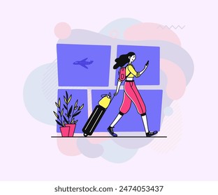 Female air passenger walking in airport. Tourist using smartphone, wheeling luggage flat vector illustration. Travel app, traveler transport concept for banner, website design or landing page