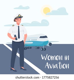 Female airplane pilot social media post mockup. Women in aviation phrase. Web banner design template. Booster, content layout with inscription. Poster, print ads and flat illustration