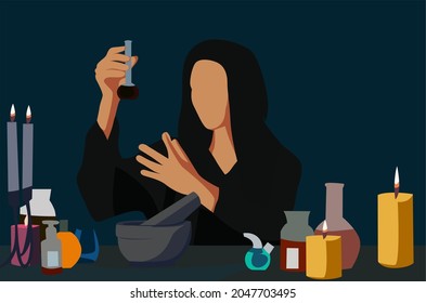Female alchemist making potion illustration design