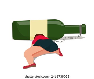 Female alcoholism, bad habits, problems in life. A drunk woman chained to a bottle of alcohol. Vector illustration.