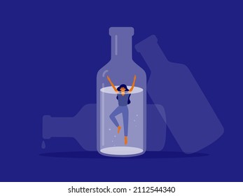 Female alcoholism concept. Afraid woman drowning in bottle of alcohol. Drunk wife or alcoholic mother asking for help. Social issue, drinker abuse, addiction. Empty drink bottles vector Illustration