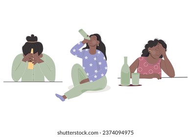 Female alcoholism concept African American woman sitting with bottle of alcohol.