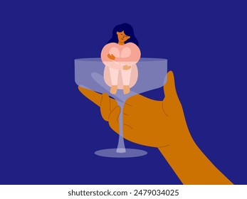 Female alcoholism concept. Human hand holding empty martini, wine or champagne drink glass with unhappy woman sitting inside. Drunk alcoholic mother, alcohol abuse addiction. Booze vector Illustration