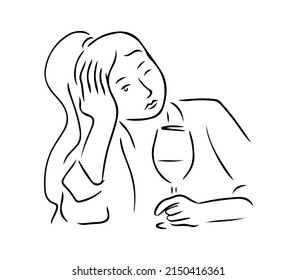 Female alcoholism concept. A sad girl sits with a glass of wine in her hand. Vector illustration in sketch style.