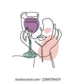 Female alcoholism concept. A sad girl sits with a glass of wine in her hand. Vector illustration in one line art style.