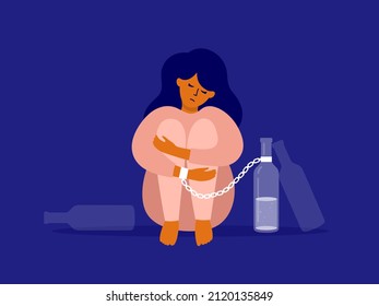 Female alcoholism concept. Unhappy drinker woman chained to alcohol drink bottle sitting hugging knees. Sad drunk wife or alcoholic mother. Social issue, alcohol abuse, addiction. Vector illustration