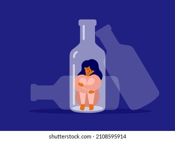 Female alcoholism concept. Unhappy woman sitting at bottle bottom hugging her knees. Sad drunk wife or alcoholic mother. Social issue, abuse, addiction. Empty alcohol drink bottles vector Illustration