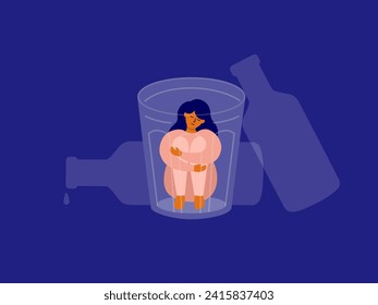 Female alcoholism concept. Unhappy woman sitting into drink glass hugging her knees. Sad drunk wife or alcoholic mother. Social issue, alcohol abuse, addiction, depression. Booze vector Illustration svg