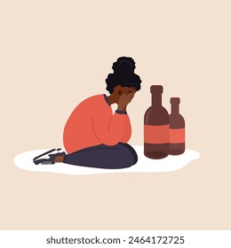 Female Alcoholism. Depressed african woman sitting on floor and crying. Girl suffering from hard drinking. Alcoholism effects. Alcohol Abuse. Vector illustration in flat cartoon style.