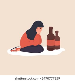 Female Alcoholism. Depressed arabian woman sitting on floor and crying. Girl suffering from hard drinking. Alcoholism effects. Alcohol Abuse. Vector illustration in flat cartoon style.