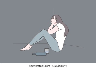 Female alcoholism, depression, addiction, mental stress concept. Depressed frustrated woman alcoholic cartoon character sits on floor with bottle of beverage. Loneliness and raising of mental stress.