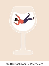 Female Alcoholism. Drunk african Woman swimming in glass of boozy. People suffering from hard drinking. Addiction disorder. Vector illustration in flat cartoon style.