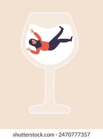 Female Alcoholism. Drunk arabian Woman swimming in glass of boozy. People suffering from hard drinking. Addiction disorder. Vector illustration in flat cartoon style.