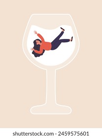 Female Alcoholism. Drunk Woman swimming in glass of boozy. People suffering from hard drinking. Addiction disorder. Vector illustration in flat cartoon style.