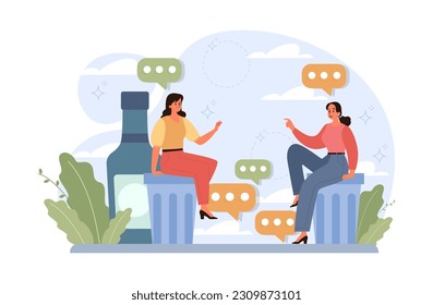 Female alcoholism. Drunk women with a bottle of booze talking. Dangerous habit, unhealthy lifestyle awareness. Flat vector illustration