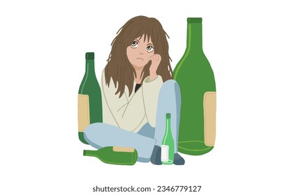 Female alcoholism. Drunk young woman sits in a pile of empty bottles. Alcohol abuse. Alcohol addiction. Mental health. Depression, stress, bad habit, unhealthy lifestyle. Isolated vector.