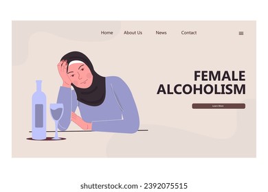 Female alcoholism landing page template. Muslim woman hijab
