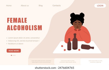 Alcoholismo femenino. Plantilla de página de destino. Triste chica africana sentada en la mesa y bebiendo vino. Hábito peligroso. Ilustración vectorial en estilo de dibujos animados planos.